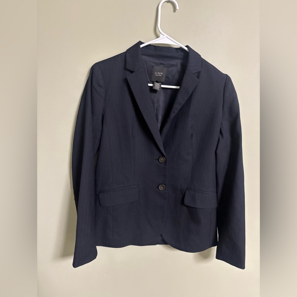 J Crew Super 120s 100 % Wool Blazer Pinstripe Navy Blue Size 2 Classic Preppy